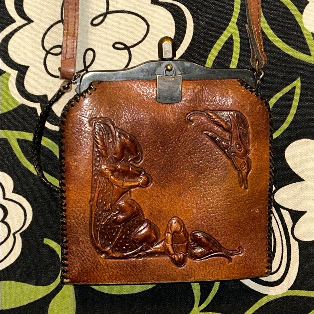 VTG JEMCO Art Nouveau Handcrafted Brown Tooled Double  Strap Leather Bag HTF